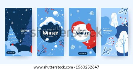 Set of abstract winter backgrounds for social media stories. Colorful winter banners with falling snowflakes, snowy trees. Wintry scenes . Use for event invitation, discount voucher, ad. Vector eps 10