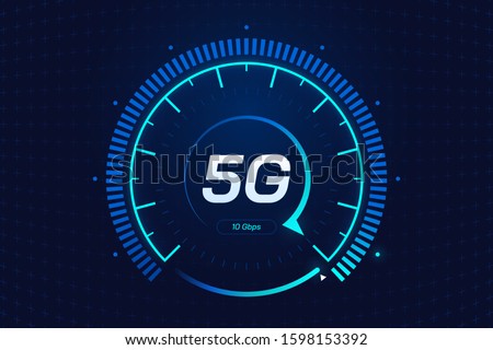 5G network wireless technology. Digital speed meter concept with 5G icon. High speed internet. Neon speedometer in futuristic style isolated on dark background. Car dashboard interface. Vector eps 10.