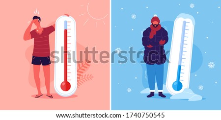 Meteorology thermometers. Heat and cold weather vector illustration. Cartoon characters in summer and winter season. 商業照片 © 