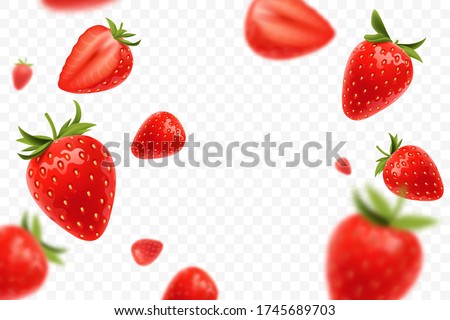 Falling juicy ripe strawberry with green leaves isolated on transparent background. Flying defocusing strawberry berries. Applicable for juice advertising. Vector illustration.