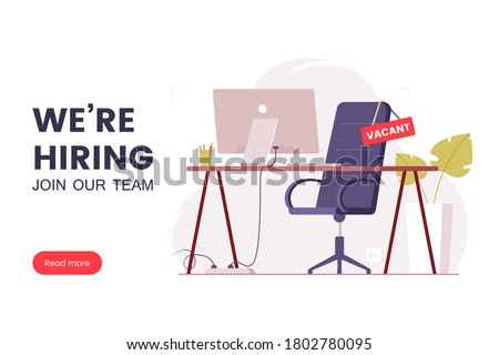 Job offer banner design. Workplace in the office with an empty chair and a vacancy sign. Search for employees in an IT company. Table with computer and chair. We're hiring poster. Vector illustration 商業照片 © 