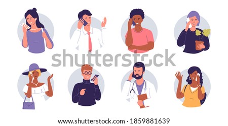 People talking on a cell phone. Men and women calling and recording voice messages. Telephone conversation with friends and family. Illustration of phone call. Isolated on white.