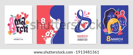 International Women's Day greeting card collection in different styles. 8 March posters design with lettering, womens, flowers and decorative elements. Ideal for print, postcard, social media, promo.
