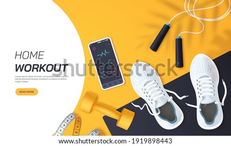 Home workout vector illustration. Flat lay composition with white sports sneakers, dumbbells,skipping rope and measuring tape. Fitness and training at home. Healthy lifestyle. Realistic 3d style.