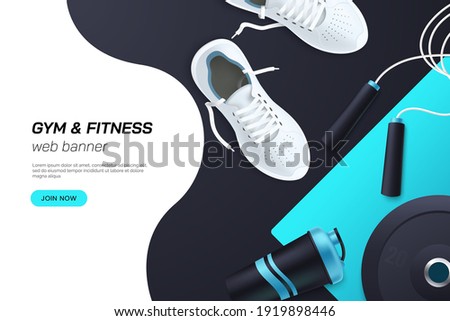 Web page concept for gym and fitness club. Flat lay composition with white sports sneakers, barbell plates, protein shaker, skipping rope. Healthy lifestyle. Realistic 3d style. Vector illustration