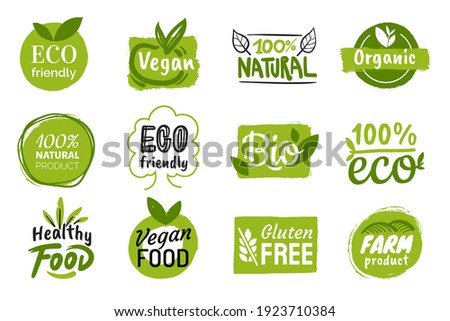 Set of eco friendly green badges design. Collection of vegan ,bio, organic food, gluten free, and natural products labels. Eco stickers for labeling package, food, cosmetics. Hand drawn style.