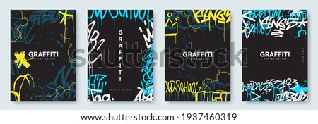 Abstract graffiti poster with colorful tags, paint splashes, scribbles and throw up pieces. Street art background collection. Artistic covers set in hand drawn graffiti style. Vector illustration Сток-фото © 