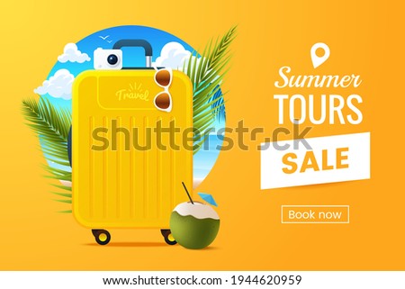 Summer vacation vector illustration. Composition with travel suitcase on the background of the beach and palm leafs. Sale tours promo banner design. Traveling poster concept. 3d style.