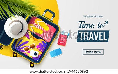 Time to travel. Summer vacation flat lay vector illustration. Open suitcase with stuff, protective face mask and accessories. Preparation for seasonal vacations. Traveling promo banner design.