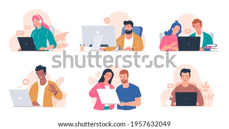 People working at the computer. Men and women with laptop - freelance, online training, email checking, webinar. Young people in the office. Remote work. Illustration collection isolated on white.