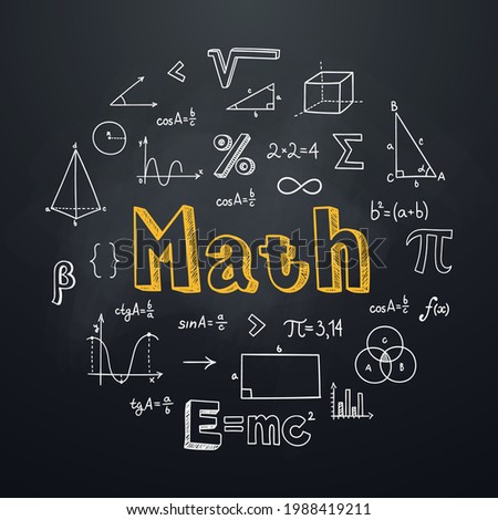 Math chalkboard background in hand drawn style. Round composition with lettering and mathematical symbols and formulas. Education subject. Ideal for school poster, graphic print, banner. Foto stock © 