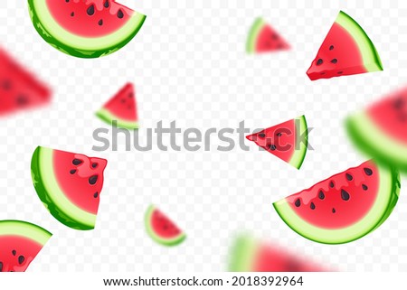 Falling fresh ripe watermelon slices isolated on transparent background. Flying defocusing red watermelon pieces. Close-up juicy fruit. Applicable for smoothies, juice advertising, etc. Vector illustr