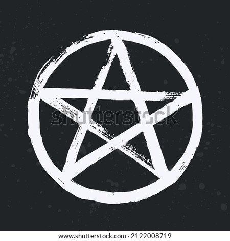White pentagram symbol isolated on black background. A star in a circle - a symbol of occultism, esoteric, magic and mysticism. Pentacle sign with paint brush texture effect. Vector illustration.