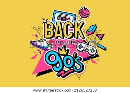 Back to the 90's. Colorful poster with lettering, abstract geometric shapes, audio cassette, sneakers and retro gamepad. Event or party invitation design in 1990s style. Vector illustration.