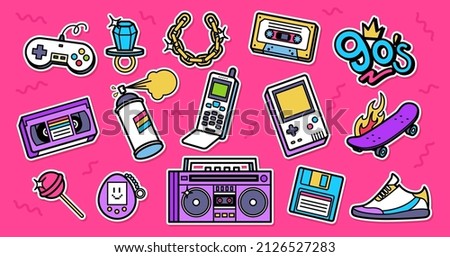 Collection of colorful stickers in 90s style. Items set from the era of the 90s and 80s. Retro badges, patches for your design. Vector illustration.