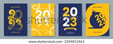 Happy New Year 2023 greeting card collection. Posters template with minimalistic graphics and typography. Creative concept for banner, flyer, branding, cover, social media. Vector illustration.