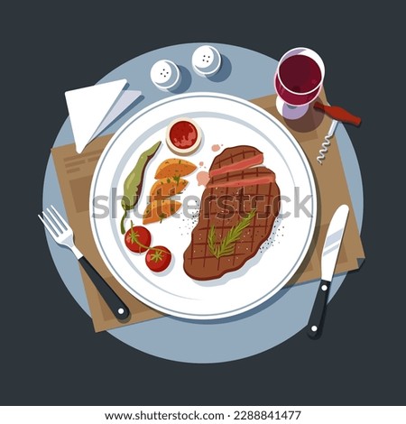 Dinner with beef steak and a glass of wine. View from above. Grilled steak with grilled vegetables. Plate with a piece of meat and a side dish. Vector illustration.