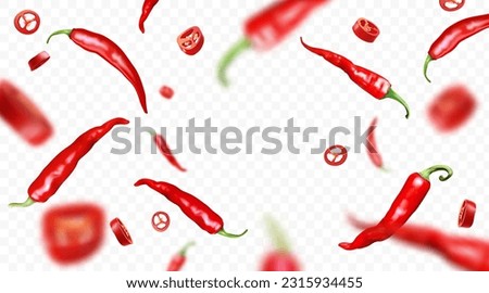 Falling realistic red chilli peppers isolated on transparent background. Flying defocusing hot peppers, whole and cut pieces. Ideal for advertising, package, banner design. Vector illustration.