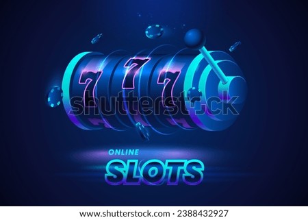 Vector slot machine with flying poker chips around. Isolated on dark blue background. Online Casino slots banner concept. Lucky triple sevens. Gambling illustration.