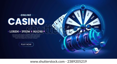 Online casino banner design with slot machine, playing cards, flying poker chips, wheel fortune and pair of dice. Gambling concept. 3d style. Ideal for website, promo, mobile app. Vector illustration