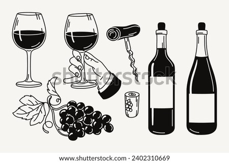 Wine culture illustrations in hand drawn line art style. Hand holding a glass of wine, bottles, wooden corkscrew, bunch of grapes. 