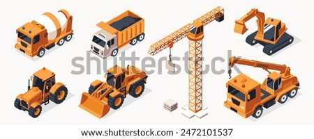 Collection of isometric construction equipment isolated on white. Heavy equipment - tower crane, excavator, bulldozer, tipper, tractor, concrete mixer truck, mobile crane. Vector illustration.