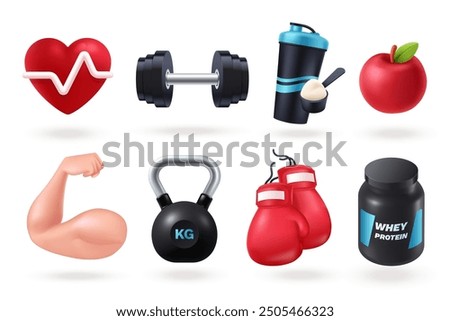 Fitness and Gym Workout icon collection in 3d style. Sports and healthy lifestyle objects - Kettlebell, dumbbell, biceps, boxing gloves, apple, etc. Vector illustration.