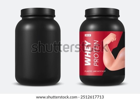 Big black protein jar mockup. Blank sports nutrition packaging with space for your design. Medical plastic bottle mockup. Realistic 3d style. Isolated on white. Vector illustration.