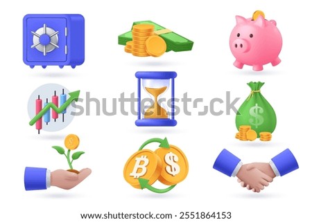 Collection of 3D objects investments and finances. Set of business and finance icons isolated on white - safe, piggy bank, handshake, currency exchange, stack of money, etc. Vector illustration