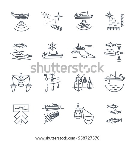 set of thin line icons commercial fishing process