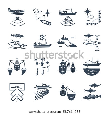 set of black icons commercial fishing process