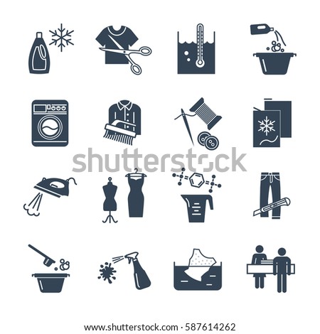 set of black icons dry cleaning and laundry service production process