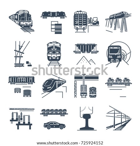 set of black icons freight and passenger rail transport, railway, train, terminal, locomotive