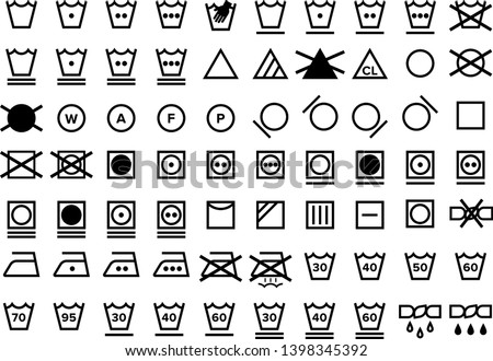 Laundry Care Symbol Icons Set Transparent Black and White Textile Instruction Label Clip Art