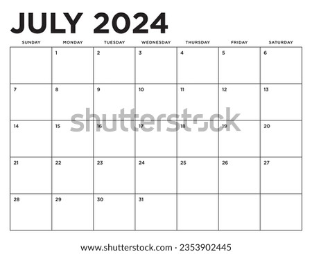 July 2024 Calendar. Week starts on Sunday. Blank Calendar Template. Fits Letter Size Page. Stationery Design.