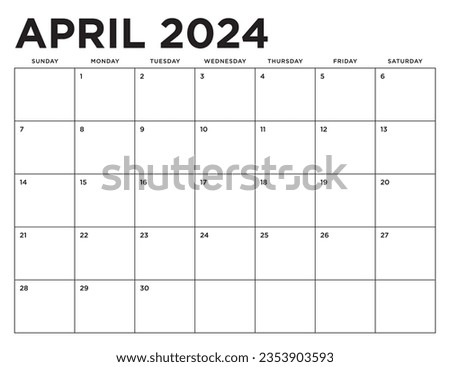 April 2024 Calendar. Week starts on Sunday. Blank Calendar Template. Fits Letter Size Page. Stationery Design.