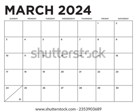 March 2024 Calendar. Week starts on Sunday. Blank Calendar Template. Fits Letter Size Page. Stationery Design.