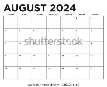 August 2024 Calendar. Week starts on Sunday. Blank Calendar Template. Fits Letter Size Page. Stationery Design.