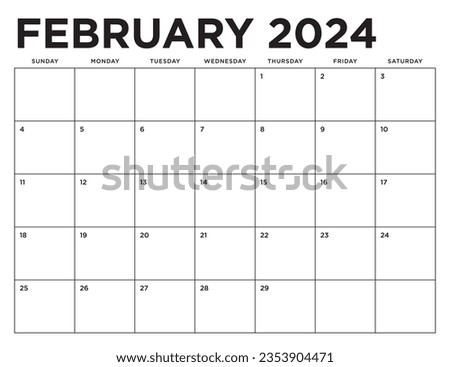 February 2024 Calendar. Week starts on Sunday. Blank Calendar Template. Fits Letter Size Page. Stationery Design.