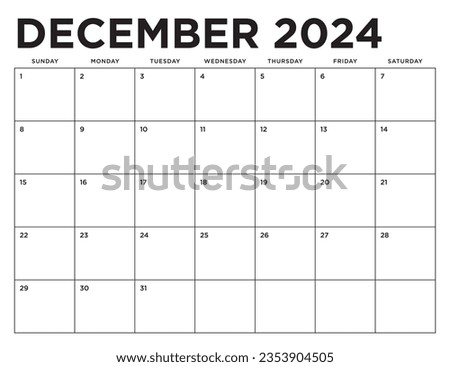 December 2024 Calendar. Week starts on Sunday. Blank Calendar Template. Fits Letter Size Page. Stationery Design.