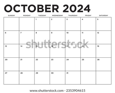 October 2024 Calendar. Week starts on Sunday. Blank Calendar Template. Fits Letter Size Page. Stationery Design.