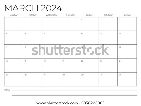 March 2024 A4 Calendar Template. Monday to Sunday. Blank Calendar. Stationery design. Vector illustration.