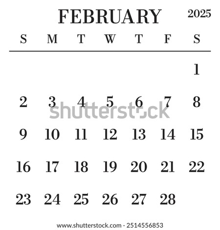 February 2025 Calendar. Week starts on Sunday. Large Number and Letter Calendar Template. Fits Square Size Page. Stationery Design.