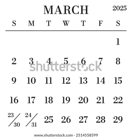 March 2025 Calendar. Week starts on Sunday. Large Number and Letter Calendar Template. Fits Square Size Page. Stationery Design.