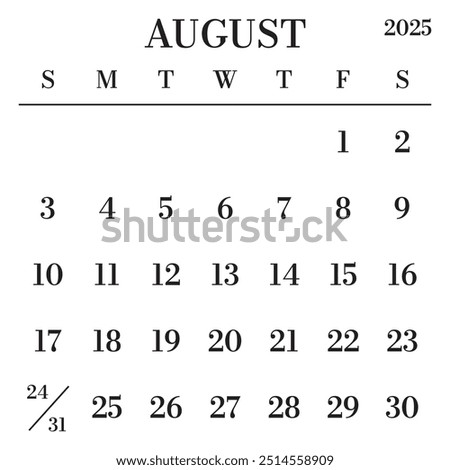 August 2025 Calendar. Week starts on Sunday. Large Number and Letter Calendar Template. Fits Square Size Page. Stationery Design.