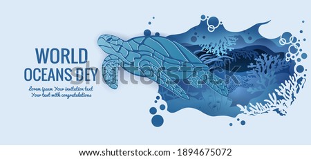 Text - world ocean day. Turtle. Fauna with marine animals. Template for making a postcard. Vector image for laser cutting, plotter printing and scrapbooking.