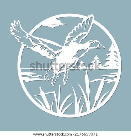 Vector illustration. The flight of a drake and a duck in a frame. Wildlife. Vector isolated illustration for laser cutting. Tattoo. Logo...