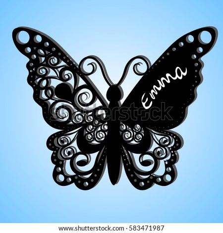 vector butterfly, Laser cutting wedding card, Decorative card. paper black. butterfly invitation. on the wing of the inscription the name of Emma. black