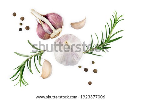 garlic with rosemary and peppercorn isolated on white background. Top view. Flat lay. High quality photo