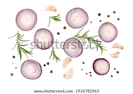red onion, garlic, rosemary and spices isolated on white background, top view. High quality photo